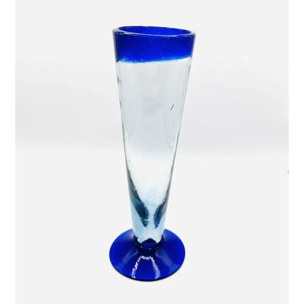 Vintage Mexican Hand Blown footed Glass Vase Cobalt Blue Rim & Base 9''